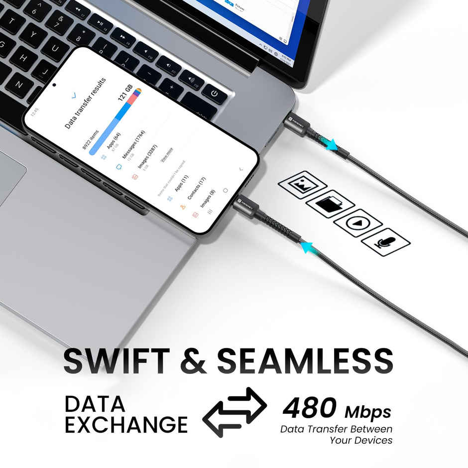 Portronics Konnect X Type C to 8-Pin 27W Fast Charging Cable | Black - 2 m