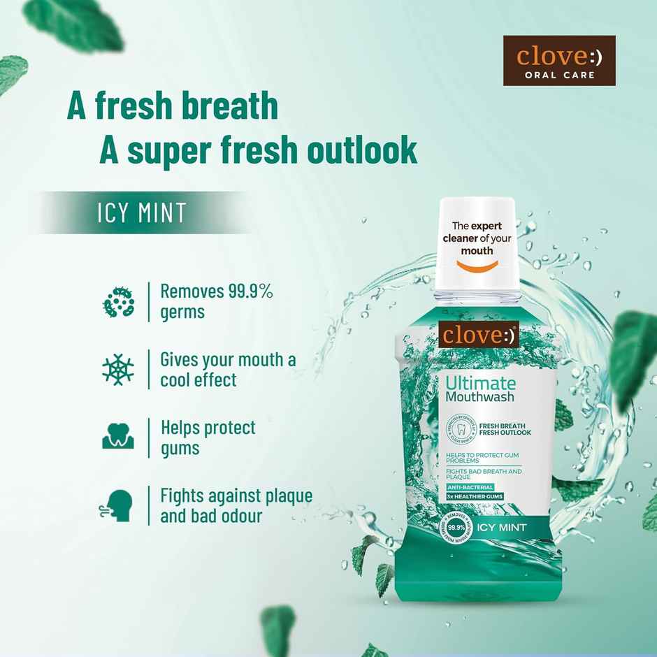 Clove Ultimate Mouthwash Antibacterial & Anti-Plaque Kills 99.9% Germs Fresh Icy Mint Flavour