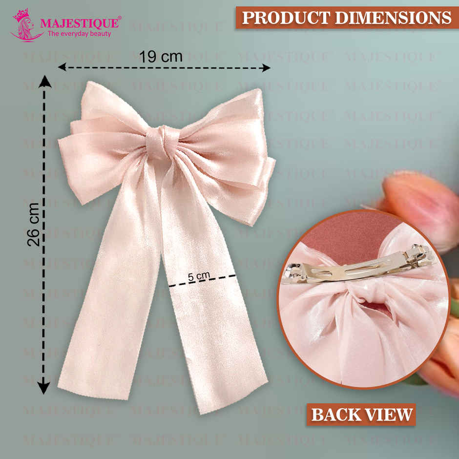 Majestique Big Satin Layered Hair Bow | Long Tail Ribbon Clip Accessory for Women | Pink