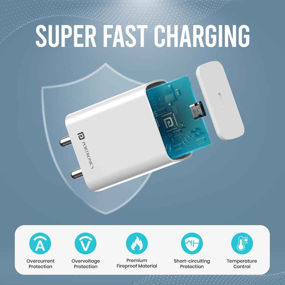 Portronics Adaptor 25 Pro 25W Fast Charging Type C Adapter with Type C Charging Cable, White