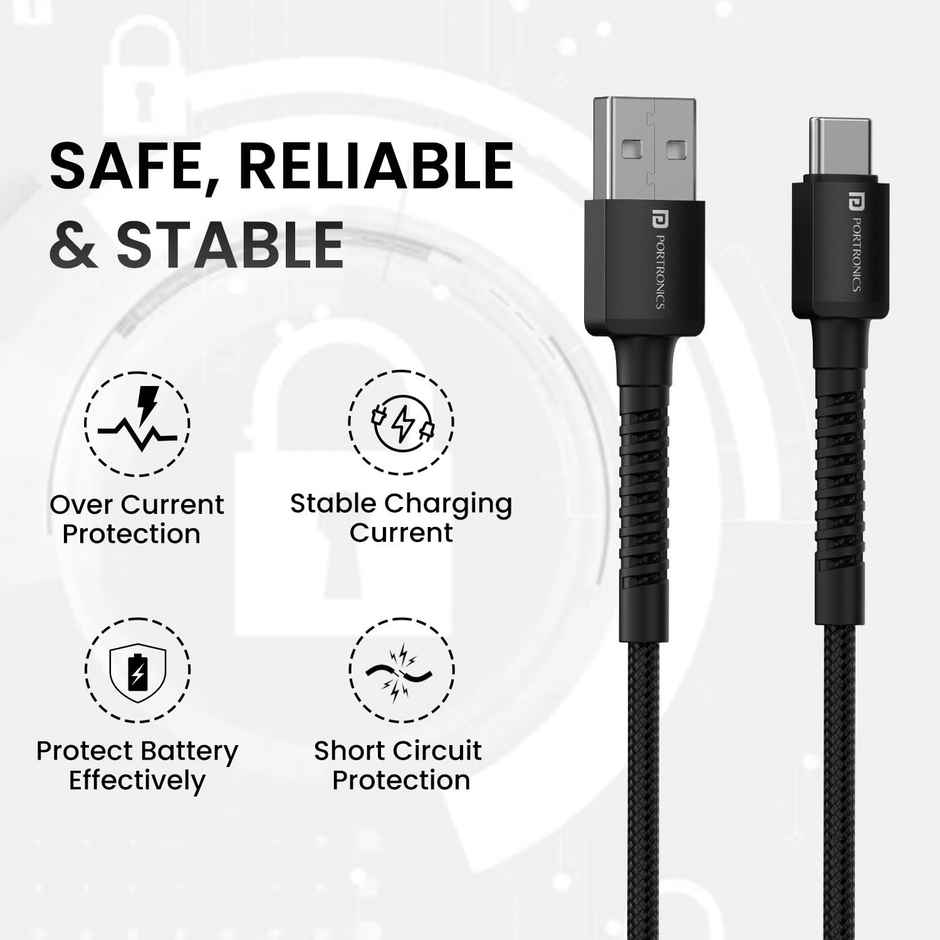 Portronics Konnect X 3A Nylon Braided USB to Type C 2M Fast Charging Cable | Type C Devices | Black