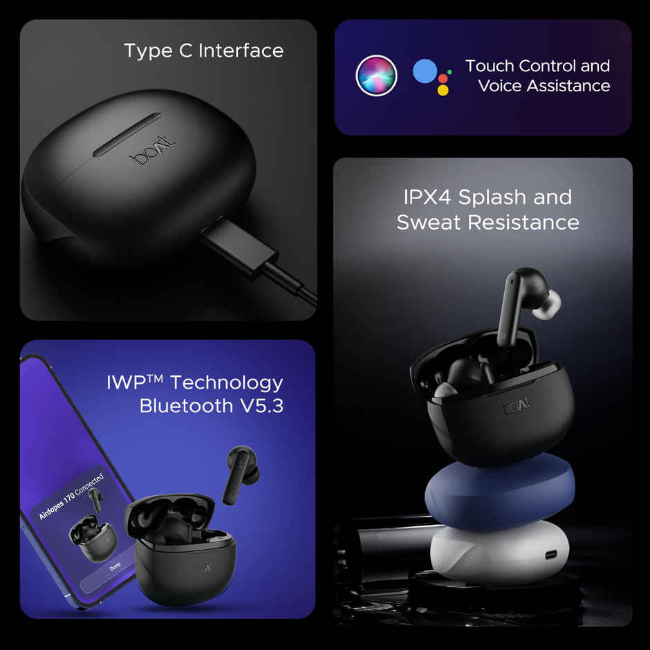 boAt Airdopes 170 TWS Earbuds w/ 50H Playtime, Quad Mics ENx Tech & BEAST Mode for Gaming (Classic Black)