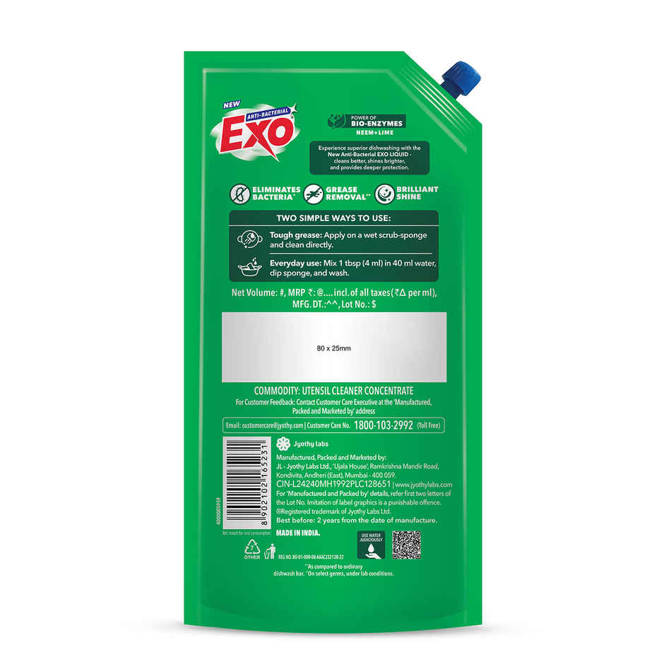 Exo Neem & Lime Anti Bacterial Dishwash Liquid | Tough Grease Removal with Power of Bio-Enzymes