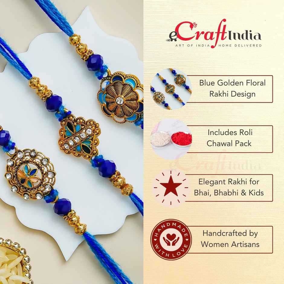 Rakhi for Brother, Bhaiya & Bhabhi | Floral Blue Golden Designer | Meenakari | Includes Roli Chawal | Pack of 3 | Ecraftindia