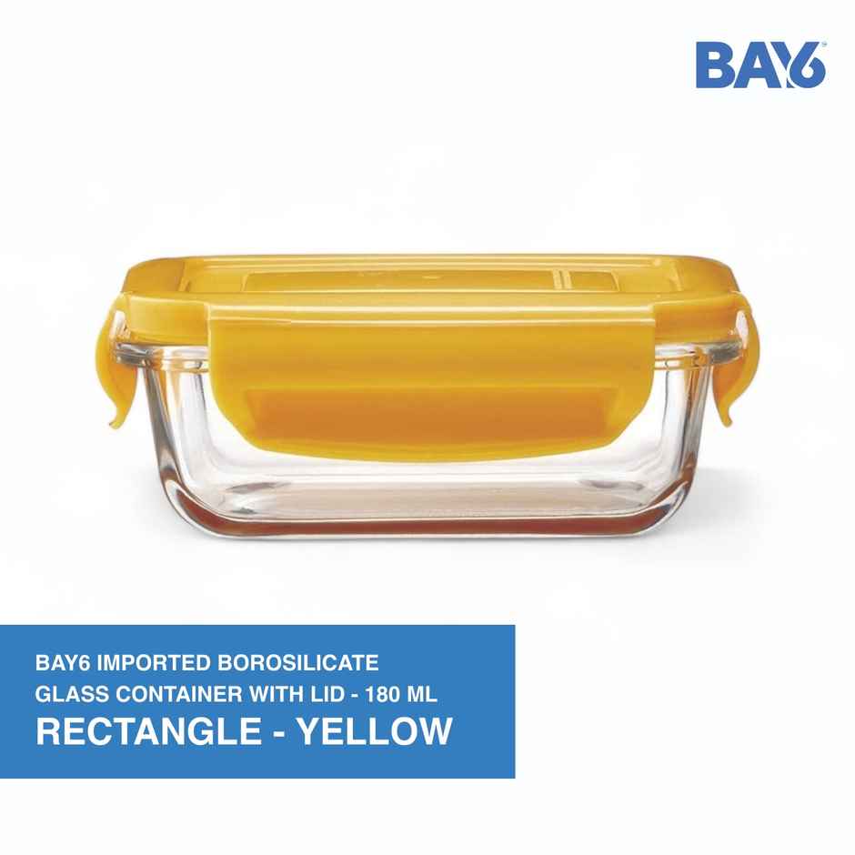BAY6 Premium Imported Borosilicate Glass Container with Lid 180 ml - Rectangle - Yellow