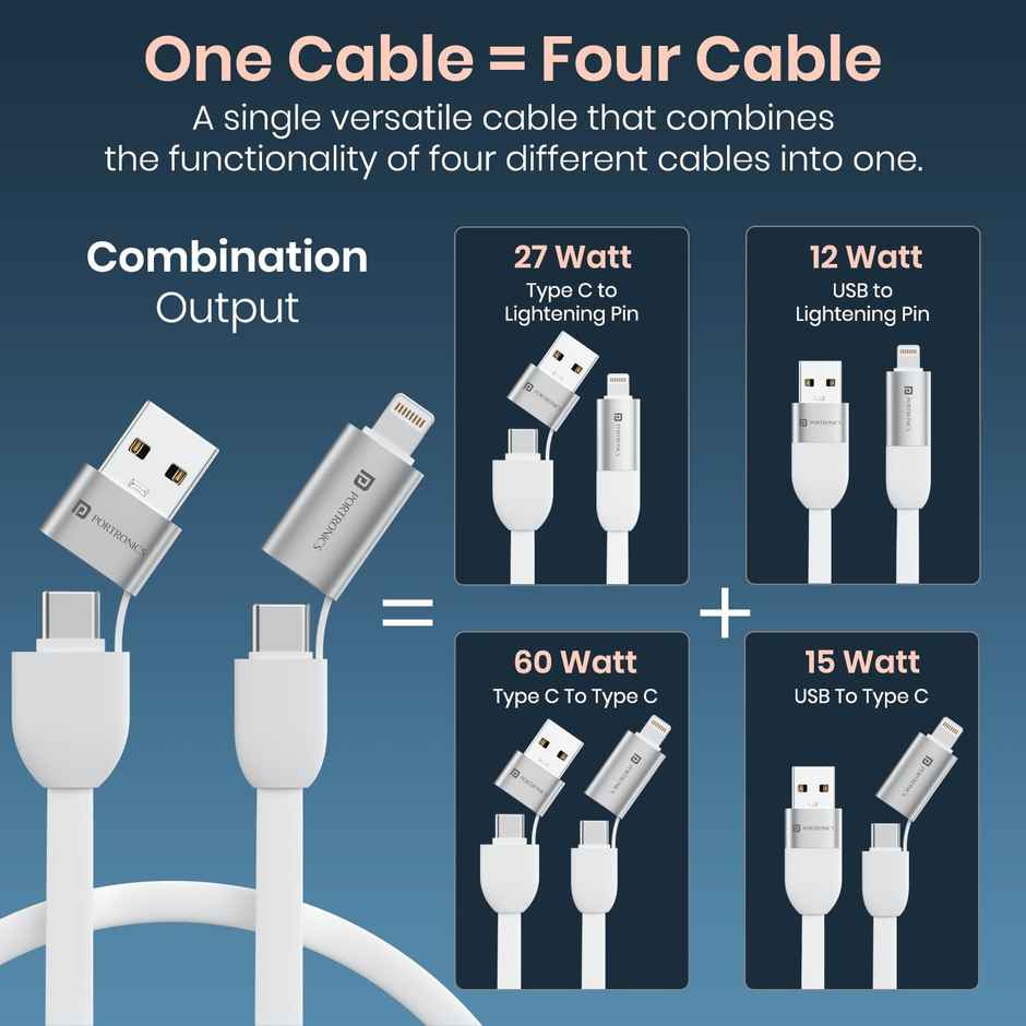 Portronics Keylink 4 in 1 Multifunctional Fast Charging Cable with In Built Keychain | White