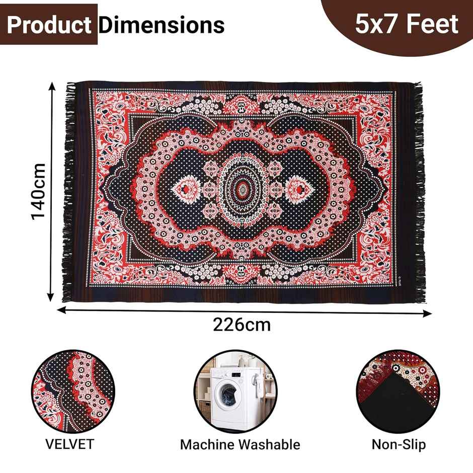 Kuber Industries Anti- Skid Carpet | 140 x 226 cm | Kalamkari Paisley Pattern | Black & Red