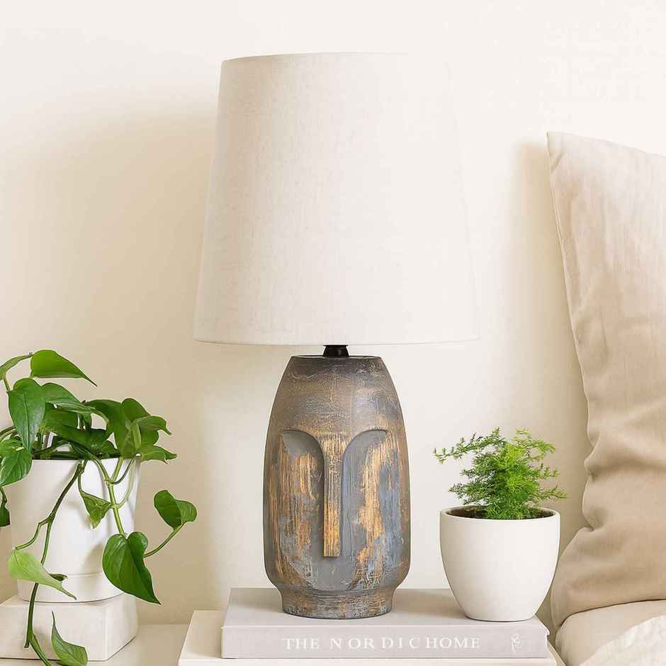 Homesake Small Retro Teardrop Table Lamp | Wood Grain Farmhouse | Bedroom & Living Room | Gray