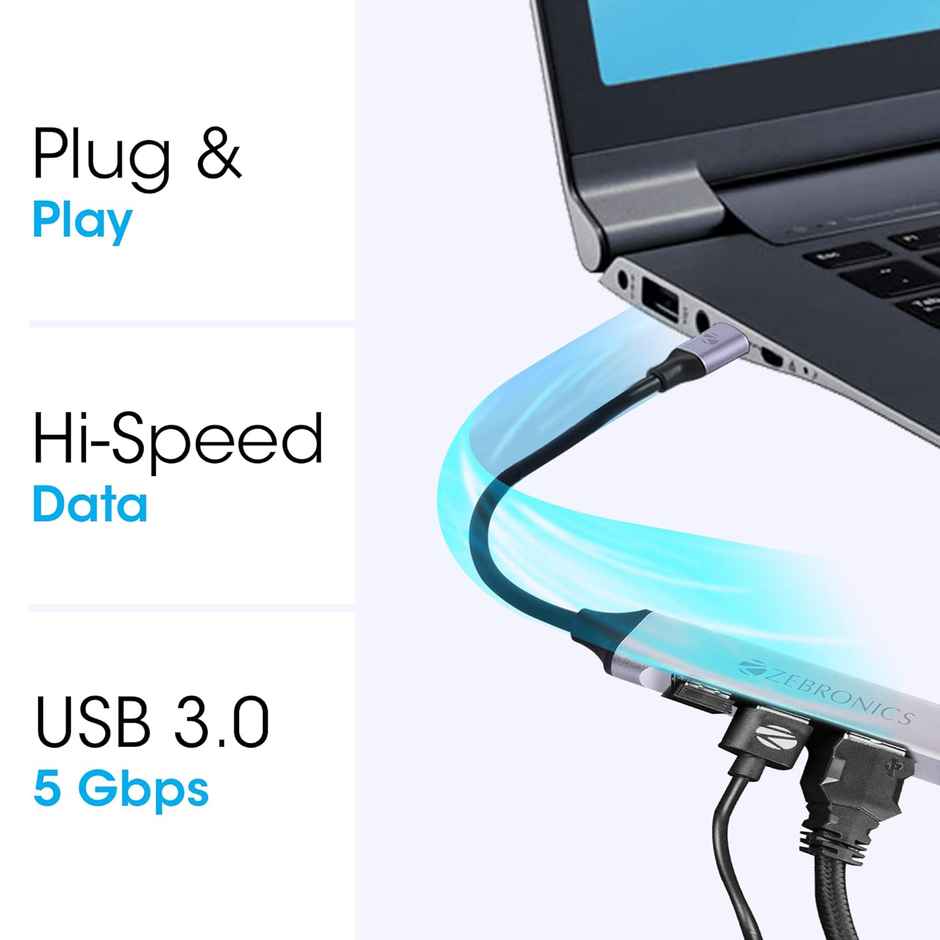 Zebronics TA200U Type C to USB 3.0 4 Port hub with Hi Speed Data Transfer, Aluminum + ABS Body, 15cm Cable, Sleek Design and Plug Play Usage - Black & Grey