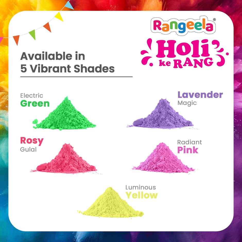 Holi Gulal Colours | Electric Green, Lavender Magic, Rosy, Radiant Pink, Luminous Yellow | Rangeela
