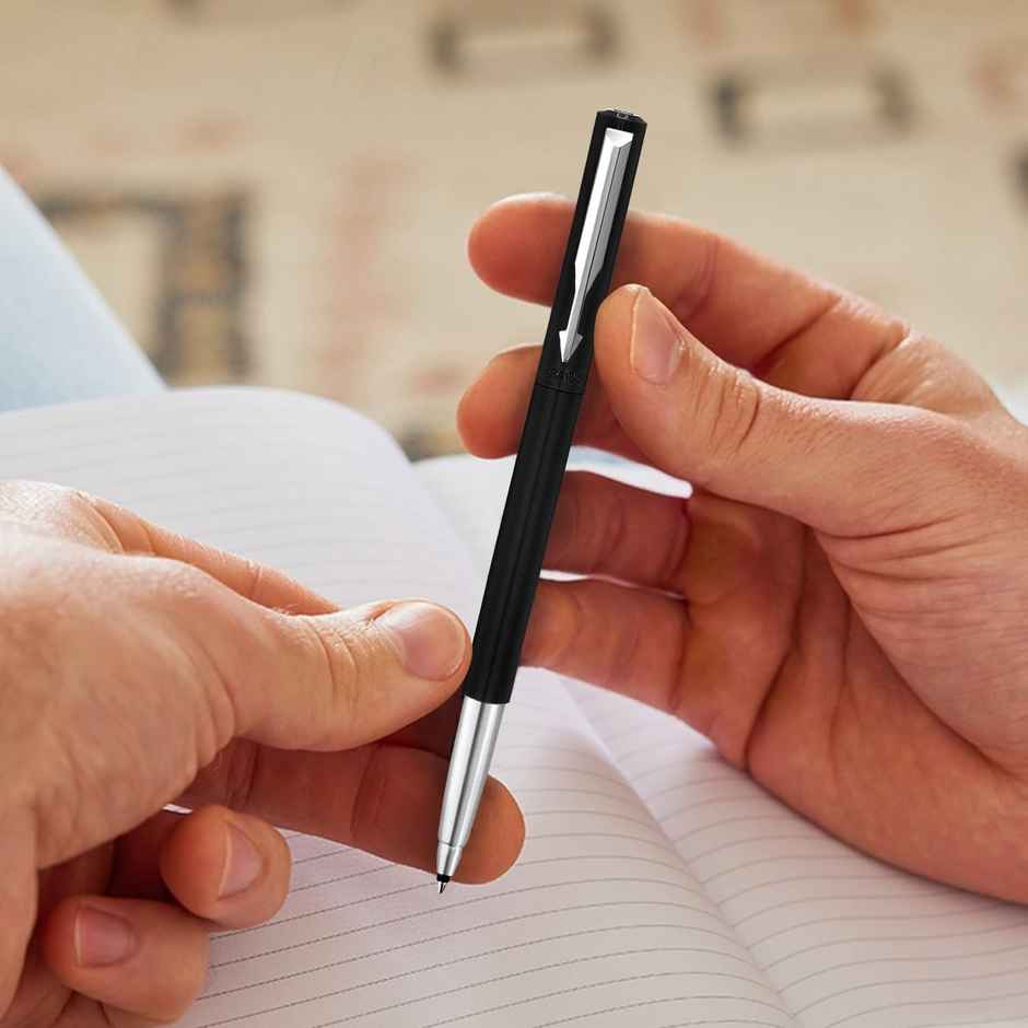 Parker Vector Standard Chrome Trim Black Roller Ball Pen | Blue Ink | Teacher's Writing Companion