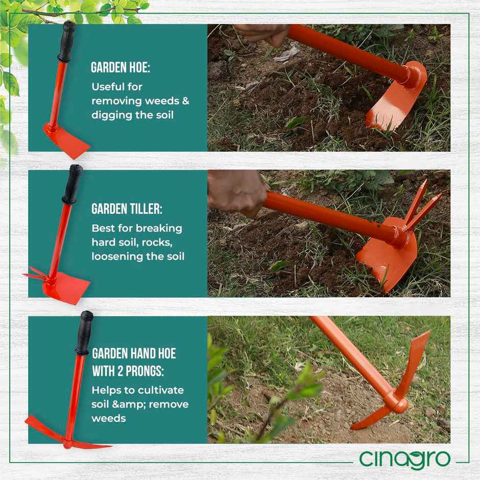 Cinagro Garden Tools - 3 Pcs | Hoe | Tiller and Hand Hoe with 2 Prongs