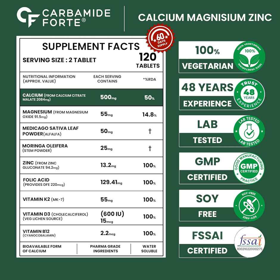 Carbamide Forte Veg Calcium And Vitamin D3 Tablets | Calcium Tablets for Women & Men Magnesium Zinc