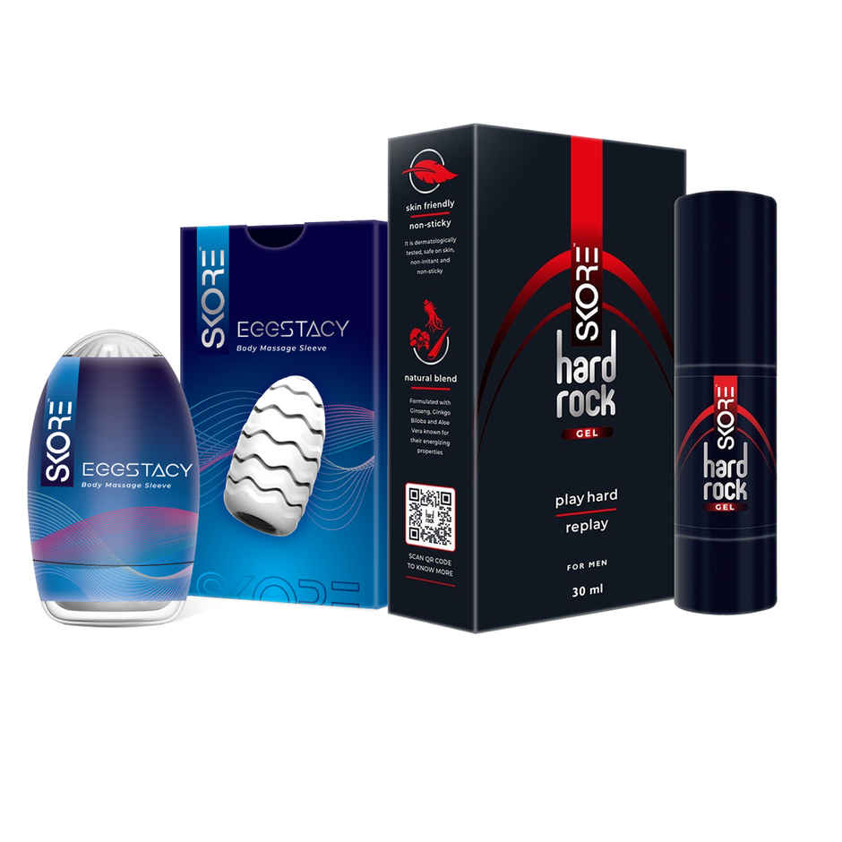 Skore Eggstacy Self-Pleasure | Massage Sleeve For Men (1pc) & Skore Hardrock Gel For Increased Harness | Skin Friendly Non-Sticky Natural Blend For Men (30ml) Combo