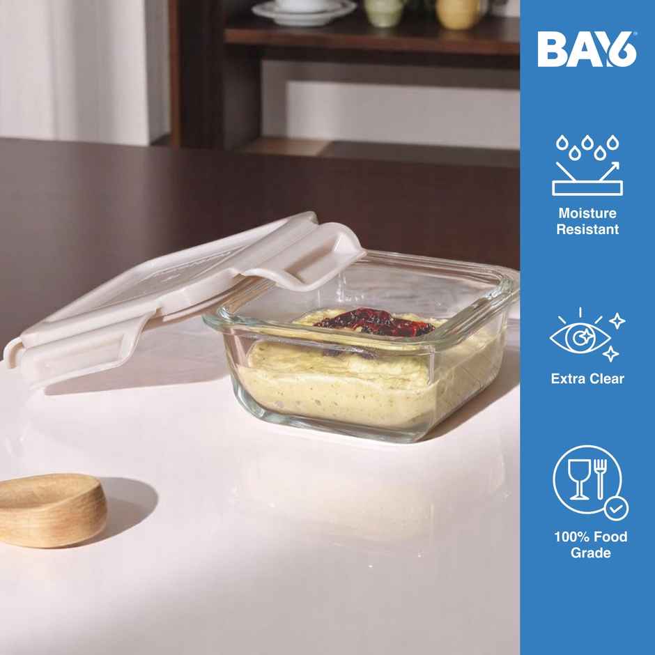 BAY6 Premium Imported Borosilicate Glass Container with Lid 150 ml - Square - Beige