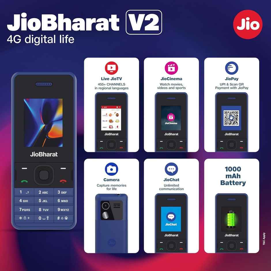 JioBharat V2 4G Phone with JioTV | JioCinema | Digital Camera | Locked for JioNetwork | Blue