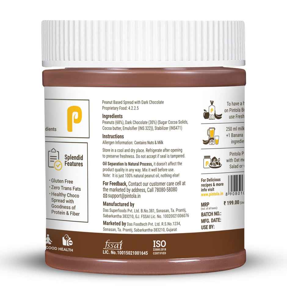 Pintola Peanut Butter Chocolate Flavour Crunchy - 18.6G Protein & 5.2G Dietary Fiber