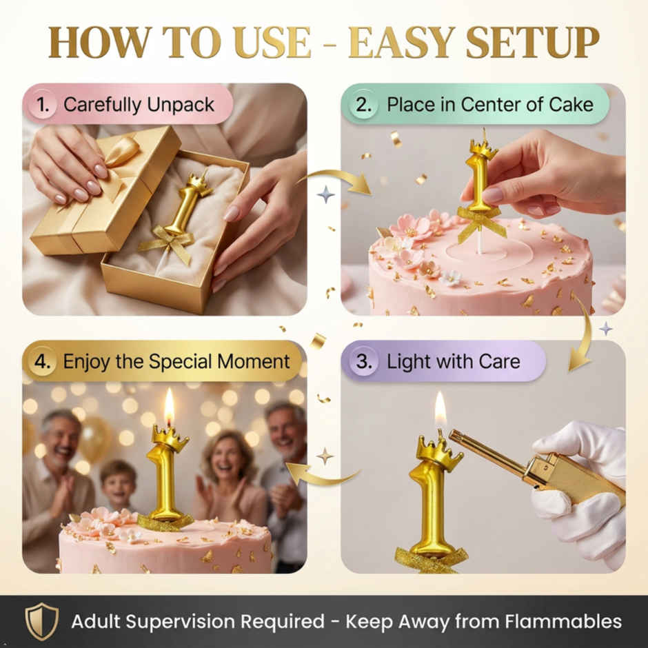BeyondLuv Candles for Kids Birthday Party 1 Golden Number Candle With Crown