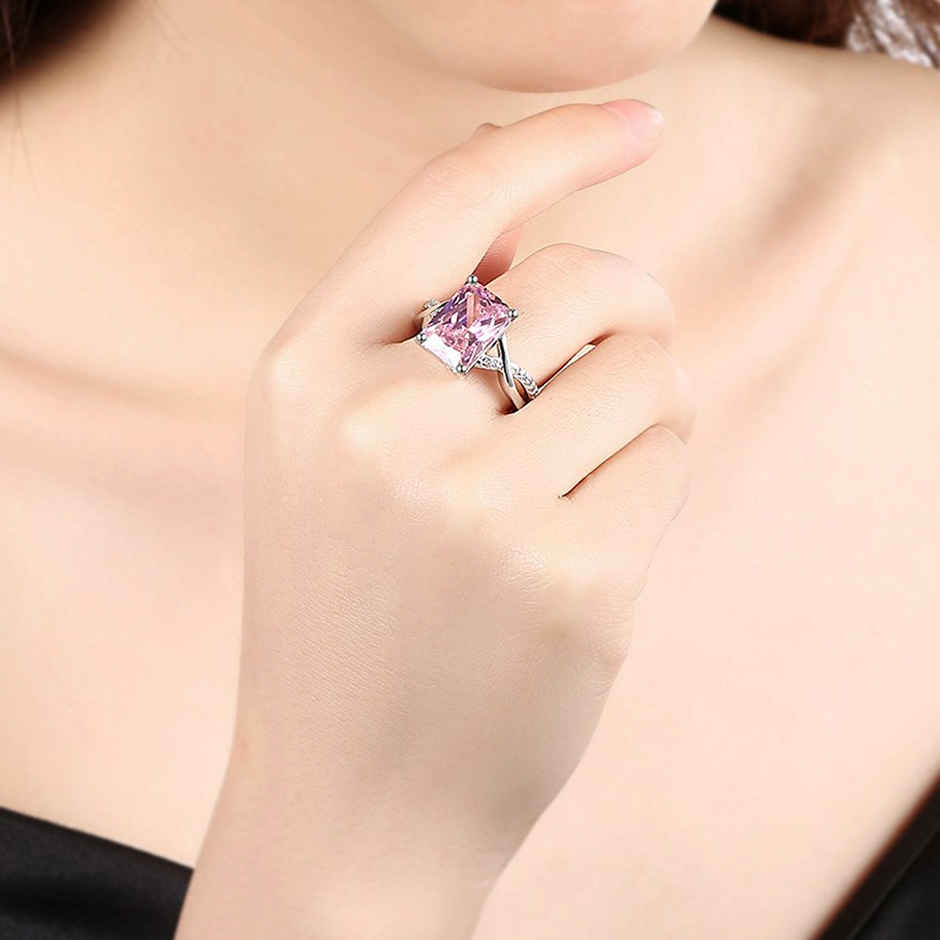 Yellow Chimes Adjustable Pink Crystal Ring for Women, Rhodium Plated