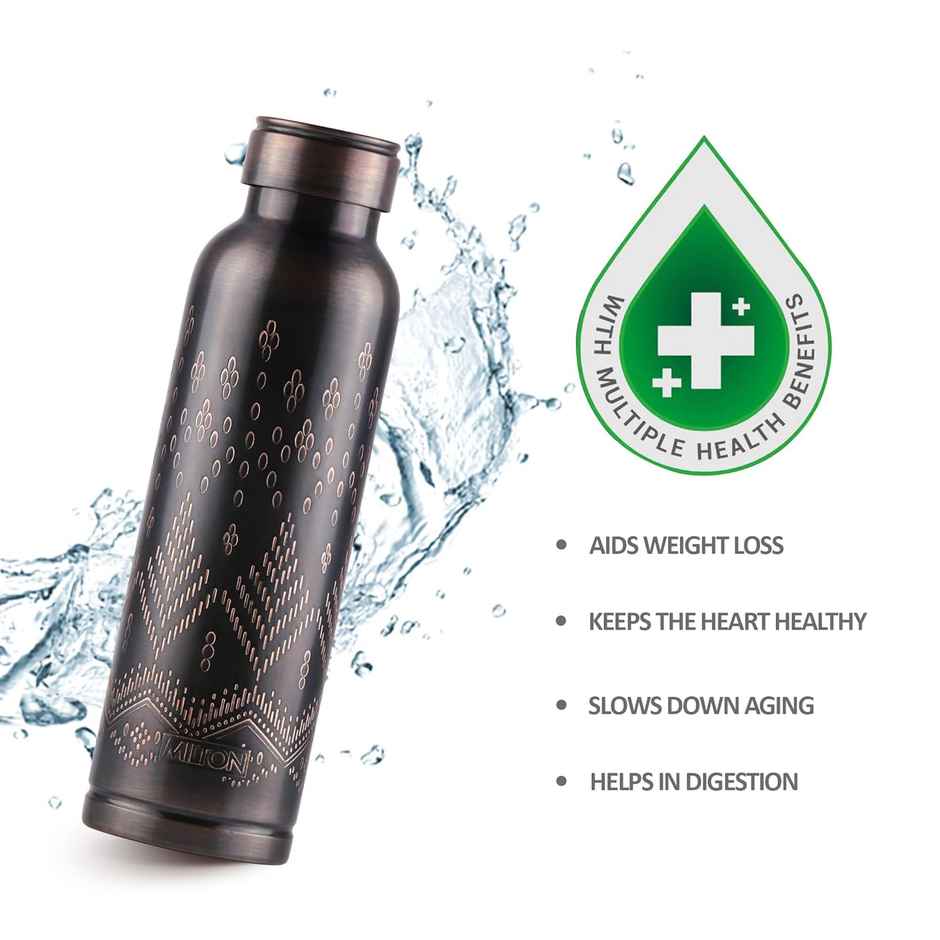 Milton Copper Swasth Water Bottle Ethnic Lacquer Coated | Black - 940 ml