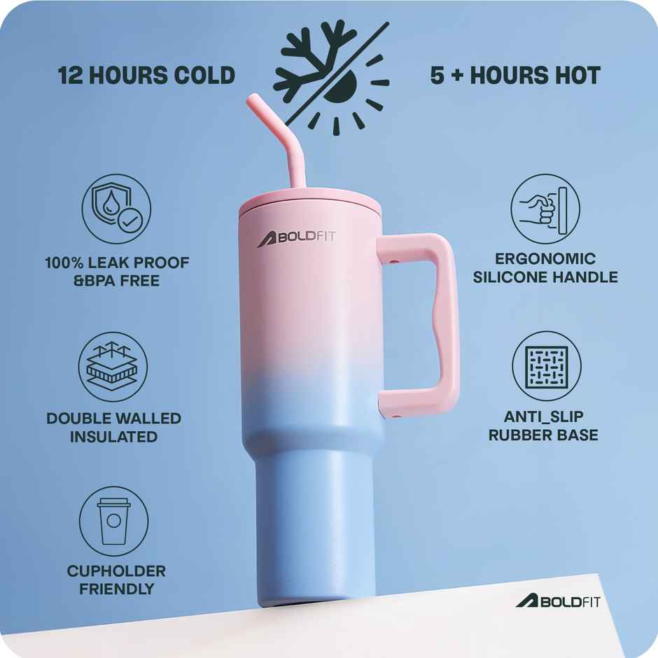 Boldfit Tumbler Bottle with Lid and Straw | Stainless Steel | Double Insulated | 1200 ml - Candy