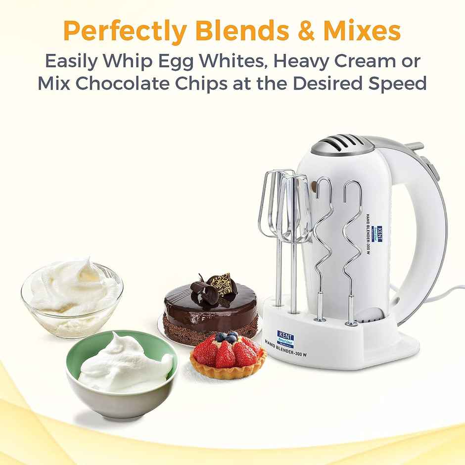 Kent 16051 Hand Blender 300 Watt, 5 Variable Speed Control, Multiple Beaters & Dough Hooks, Turbo Function, Plastic - White
