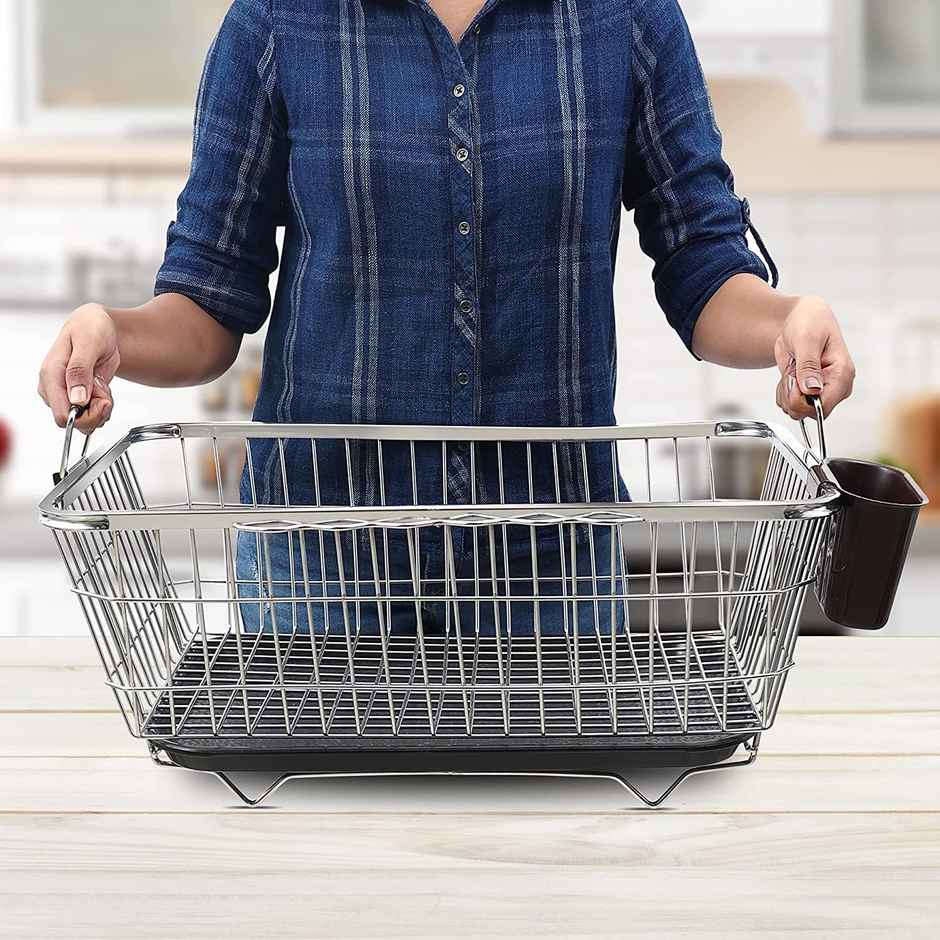 Tex-Ro Stainless Steel Utensils Basket with Removable Dish Drainer & Cutlery Holder