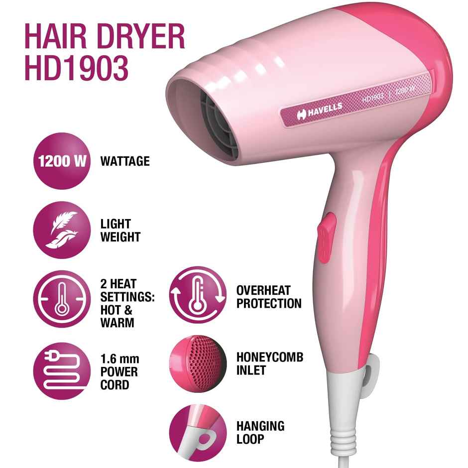 Havells HD1903 1200 W Corded Hair Dryer | Lightweight Design | Hanging Loop