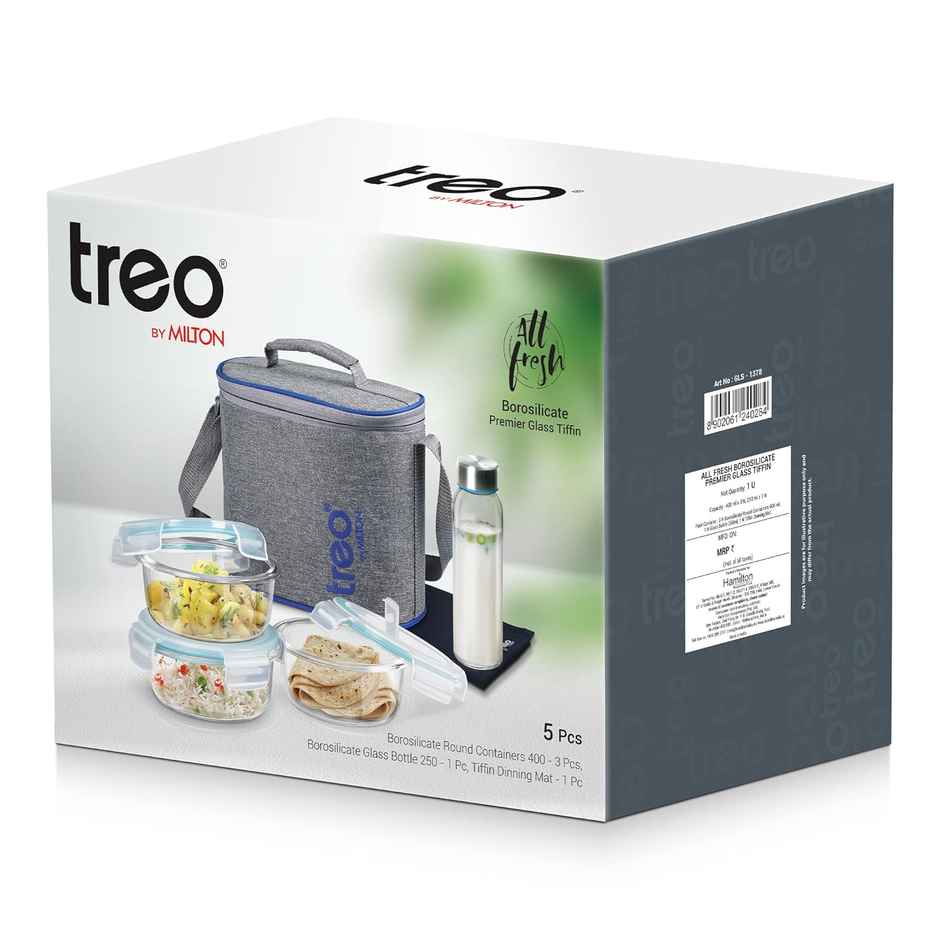 Treo By Milton All Fresh Premier Glass Box 5Pc (3 Round Containers, 1 Bottle, Dinning Mat) With Bag