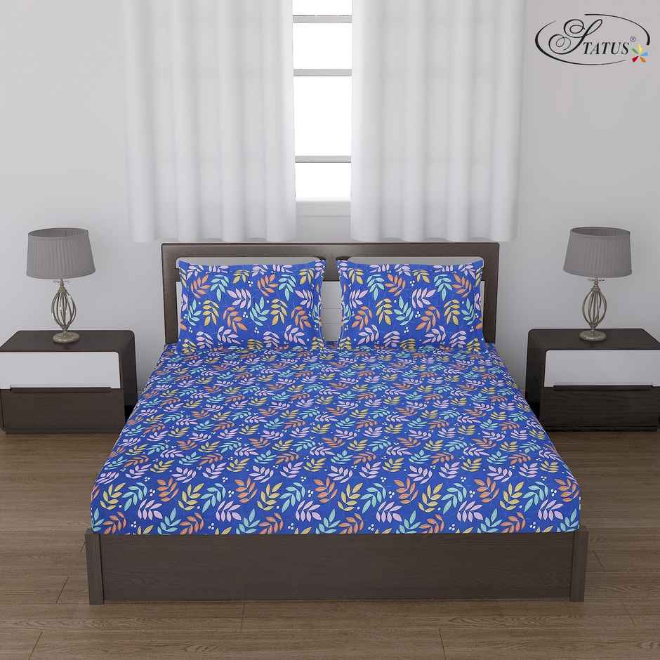 Status Value Double Bedsheet 200 cm X 220 cm Dsn 4 Leaves Blue