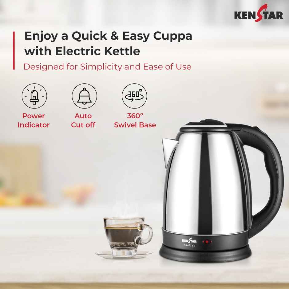 Kenstar Estella Electric Kettle | 1.6 L Capacity | 1350 W | Stainless Steel Body | Silver