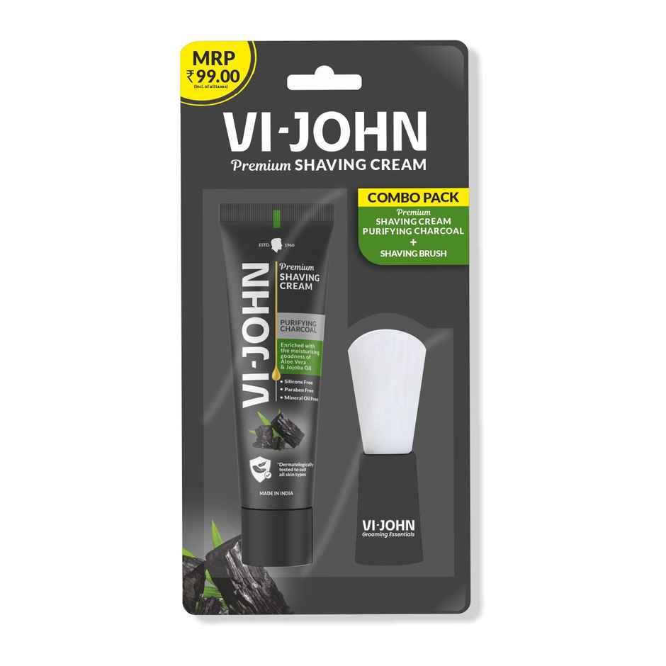 VI-JOHN Premium Dermatologically Tested Purifying Charcoal Shaving Cream with Shaving Brush