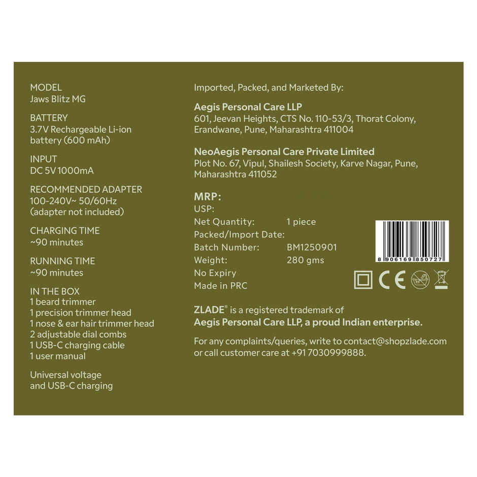 Zlade Jaws Blitz Rechargeable All-Purpose Beard Trimmer|40 Length Settings|3 Interchangeable Heads