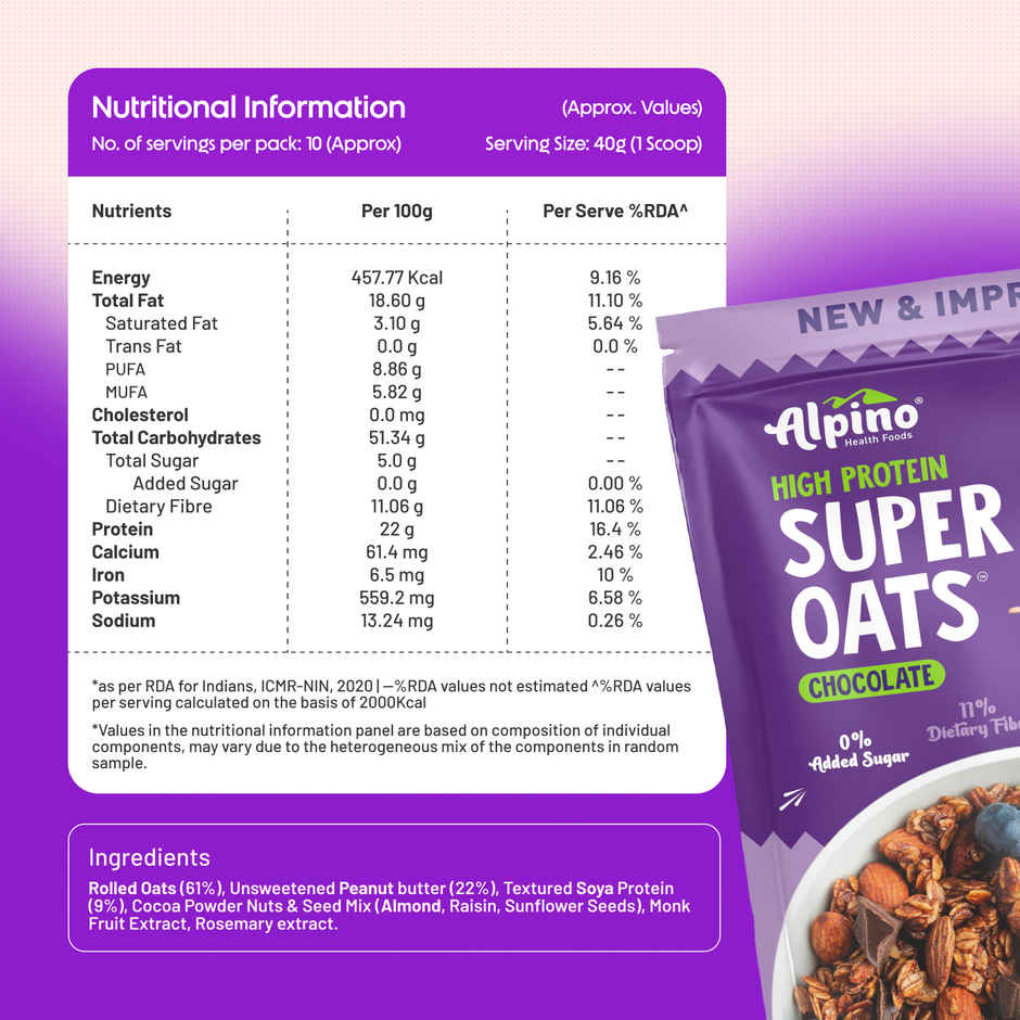 Alpino 22g High Protein Super Oats Chocolate with Almonds & Raisins | No Added Sugar & Salt