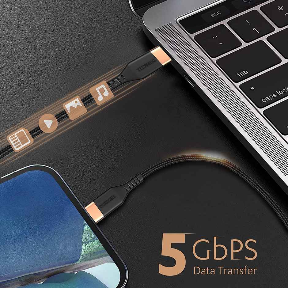 Duracell USB Type C To Type C USB Cable 4A(60W) Braided Sync& Charging Cable,Compatible With Mobile,Laptop,Tablets&Macbook,3.9 Feet(1.2M) Supports Power Delivery(Pd) With Rapid Data Transmission - Black