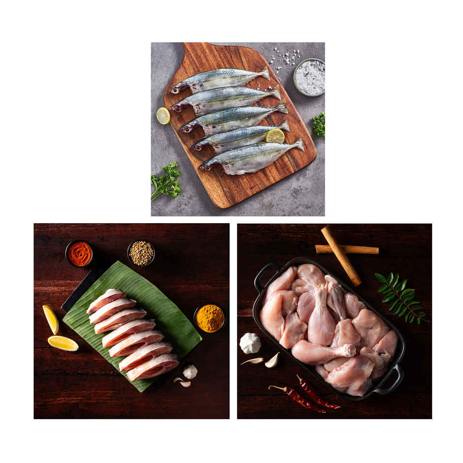 Relish Chicken Curry Cut Without Skin(500gms), Relish Mackerel / Bangda Whole And Cleaned(450gms) & Relish Roopchand / Rupchanda Steaks(540gms) Combo 