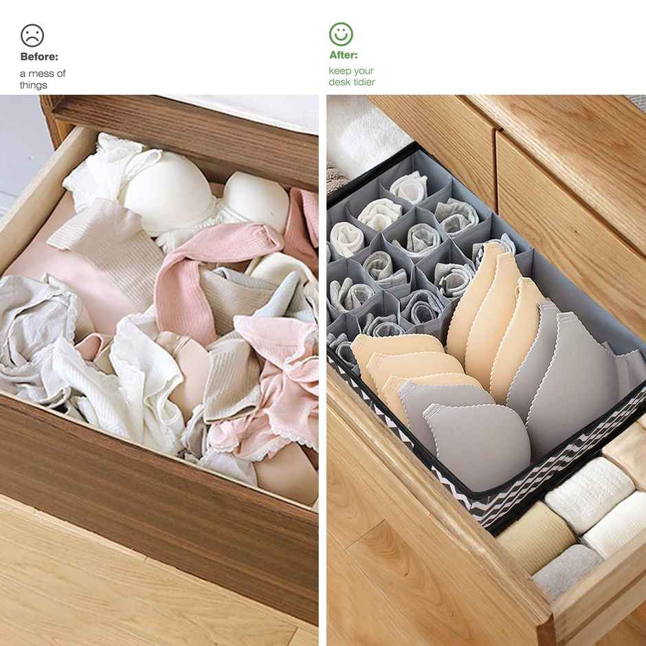 PrettyKrafts Fabric Innerwear Organizer | 15+1 Compartment Drawer Divider for Wardrobe - Black