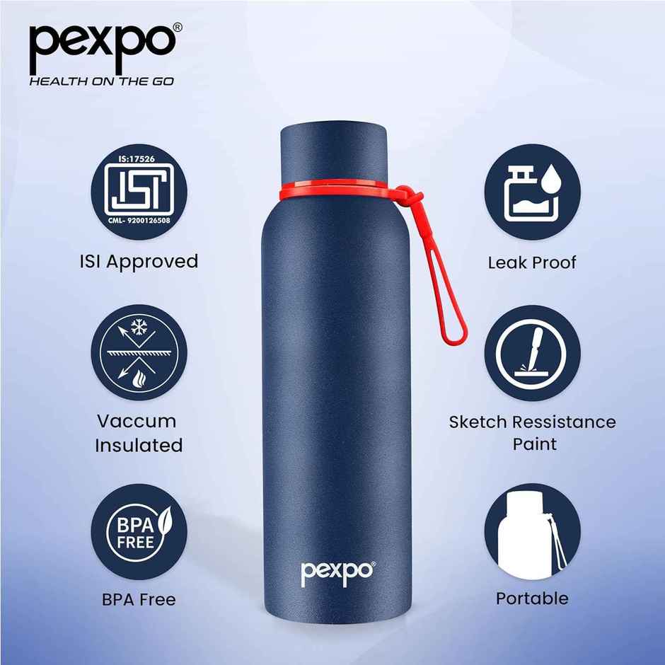 Pexpo Stainless Steel Bravo Hot & Cold Isi Certified Flask | Denim Blue | 1 L