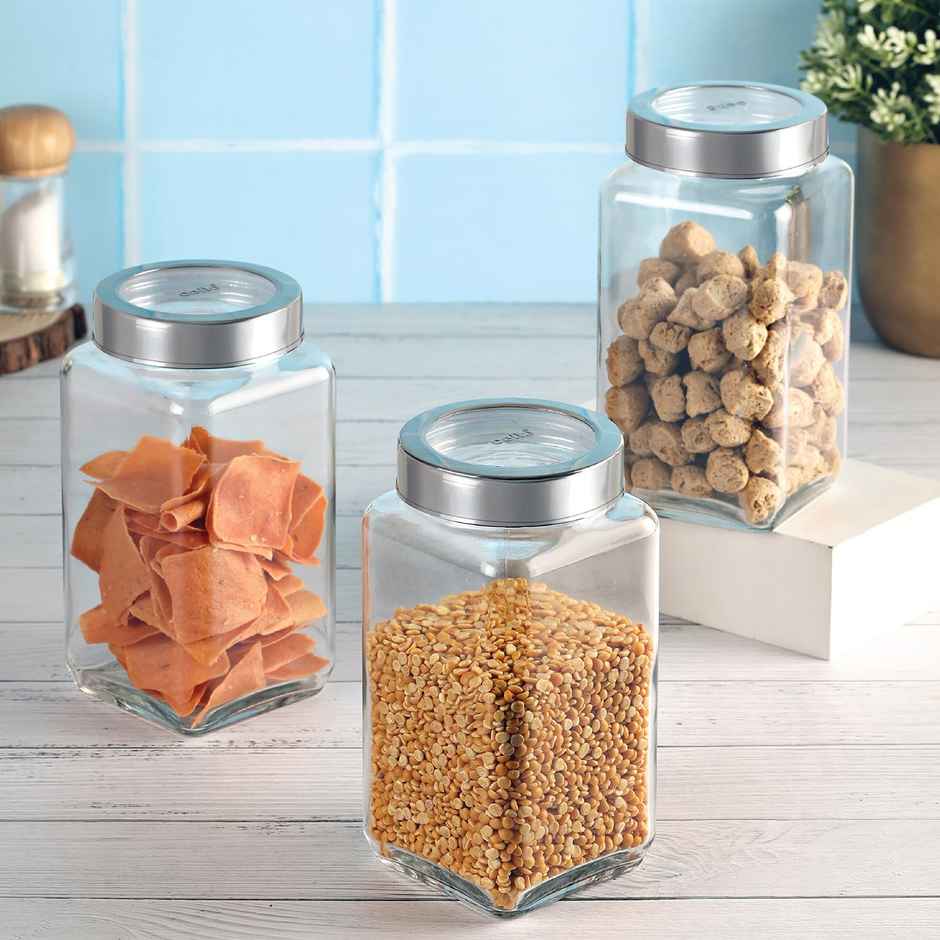 Cello Qube Fresh Toughened Glass Jars Glass Containers For Kitchen Multipurpose Jar Set Of 3 Clear