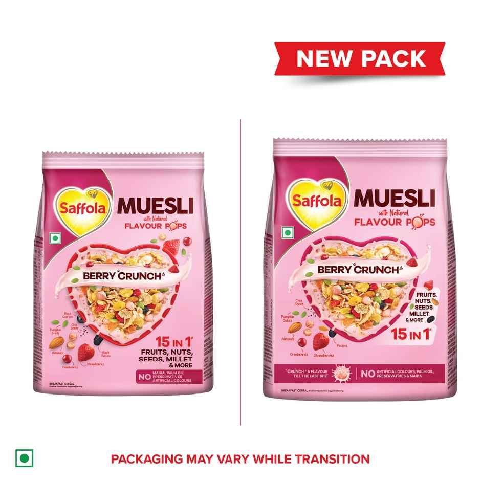 Saffola Muesli Berry Crunch with Flavour Pops | 15 in 1 Fruit and Nuts, Seeds | Millet & more
