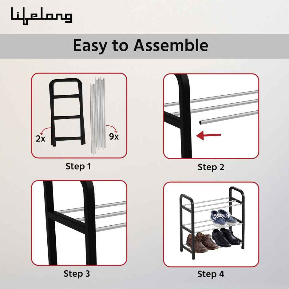 Lifelong Shoe Rack for Home | 3-Tier | Ideal for 9 Shoe Pairs| Space Saving | Chrome Finish