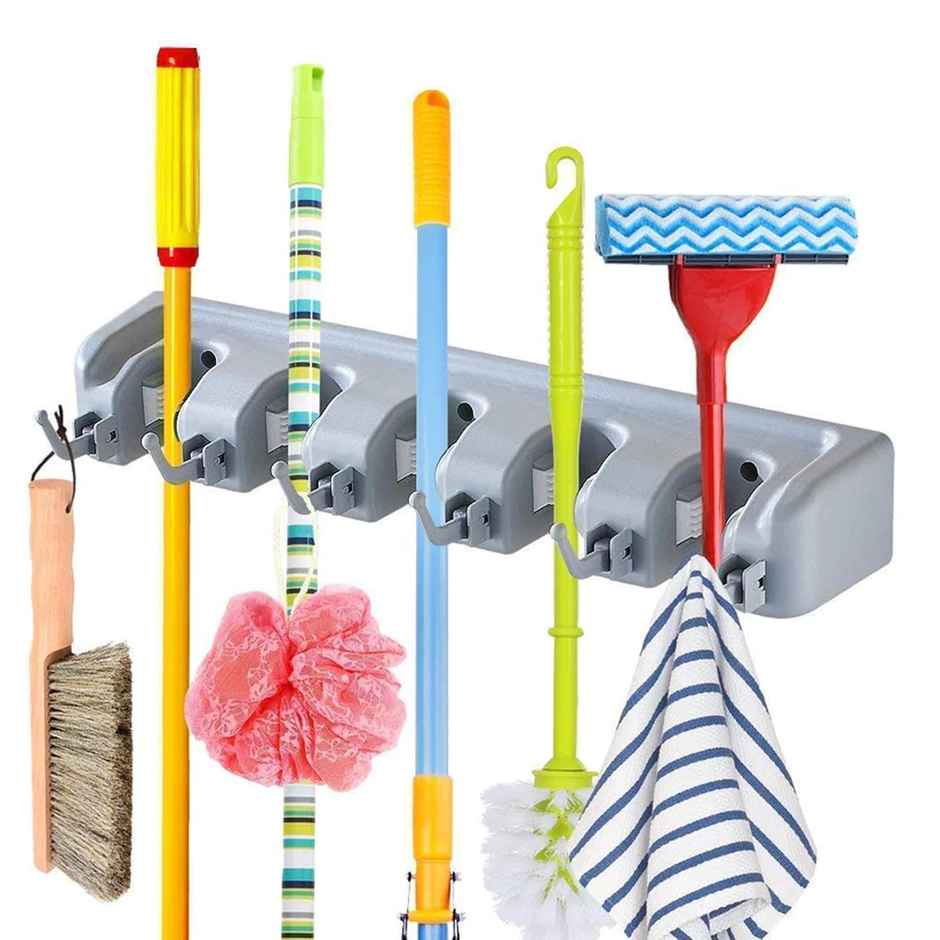 Urbanfix Bulfyss Mop & Broom Holder | Wall Mounted 4 Slot with 5 Hook Cleaning Supplies Organizer