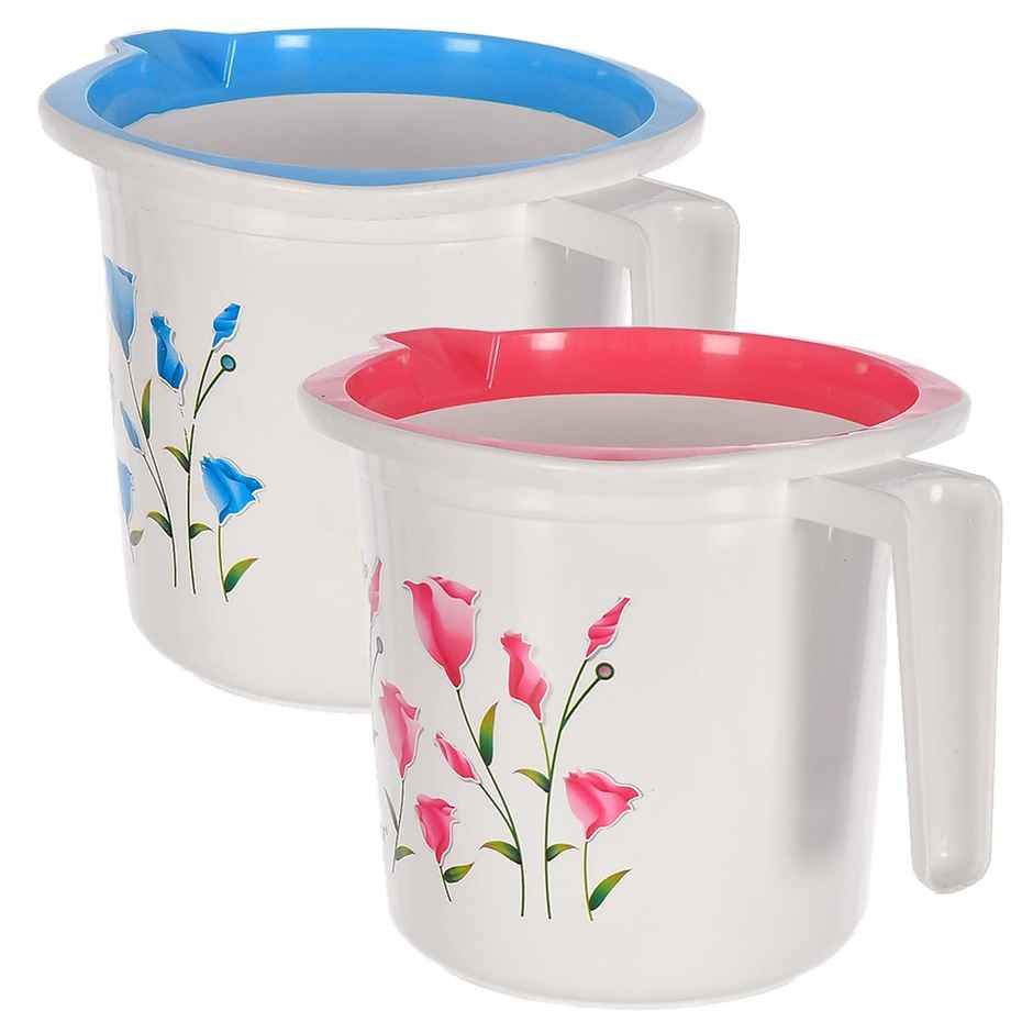 Kuber Industries Floral Print Plastic Bathroom Mug - Blue, White, Pink | 1.5 L | 46KM0199