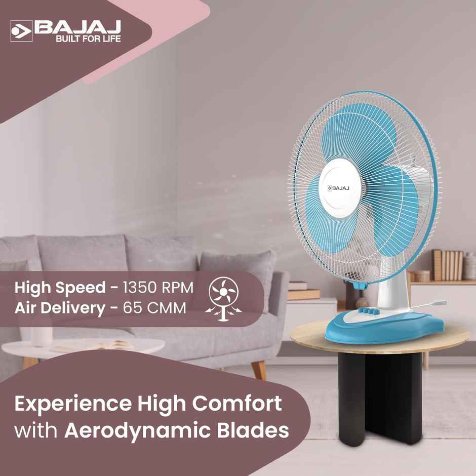 Bajaj Frore Neo Table Fan, 400mm, 3-Speed Control, 100% Copper Motor, White and Blue