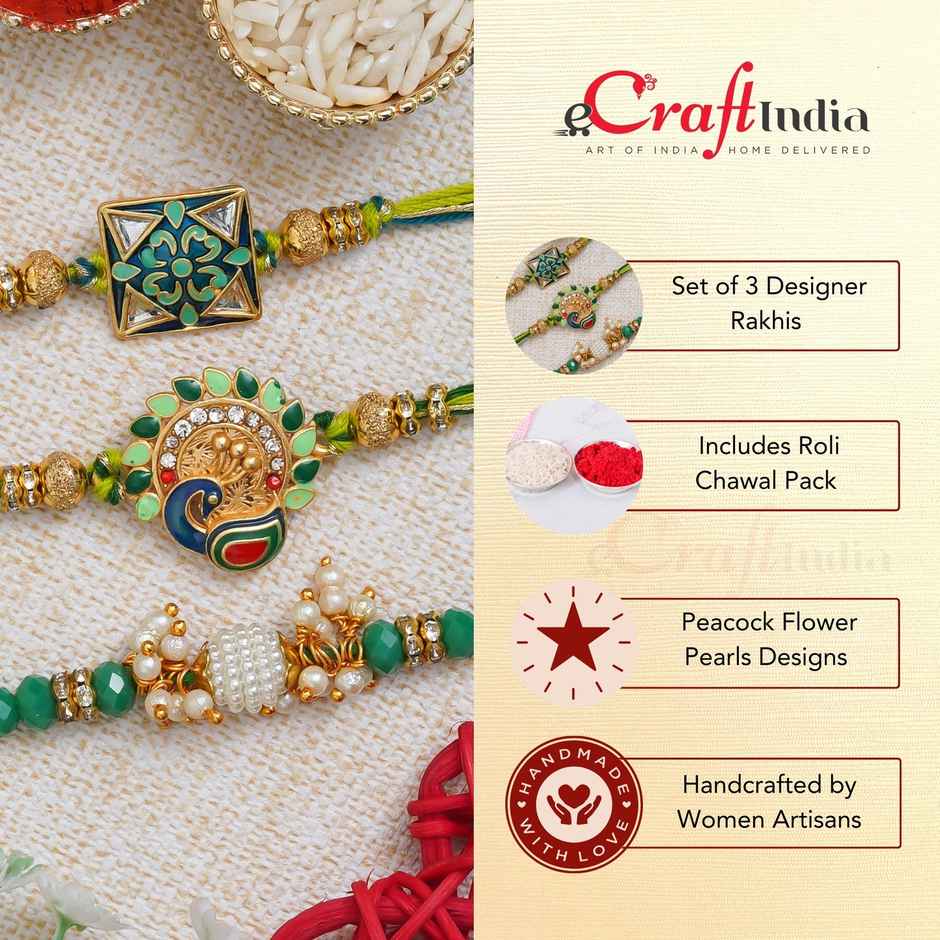Rakhi for Brother | Peacock, Flower, Beads & Pearls | Stone | Includes Roli Chawal | Pack of 3 | Ecraftindia