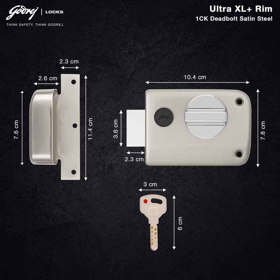 Godrej Rim Lock Ultra XL+ Deadbolt 1Ck | For Wooden Main Doors | Satin Nickel Finish