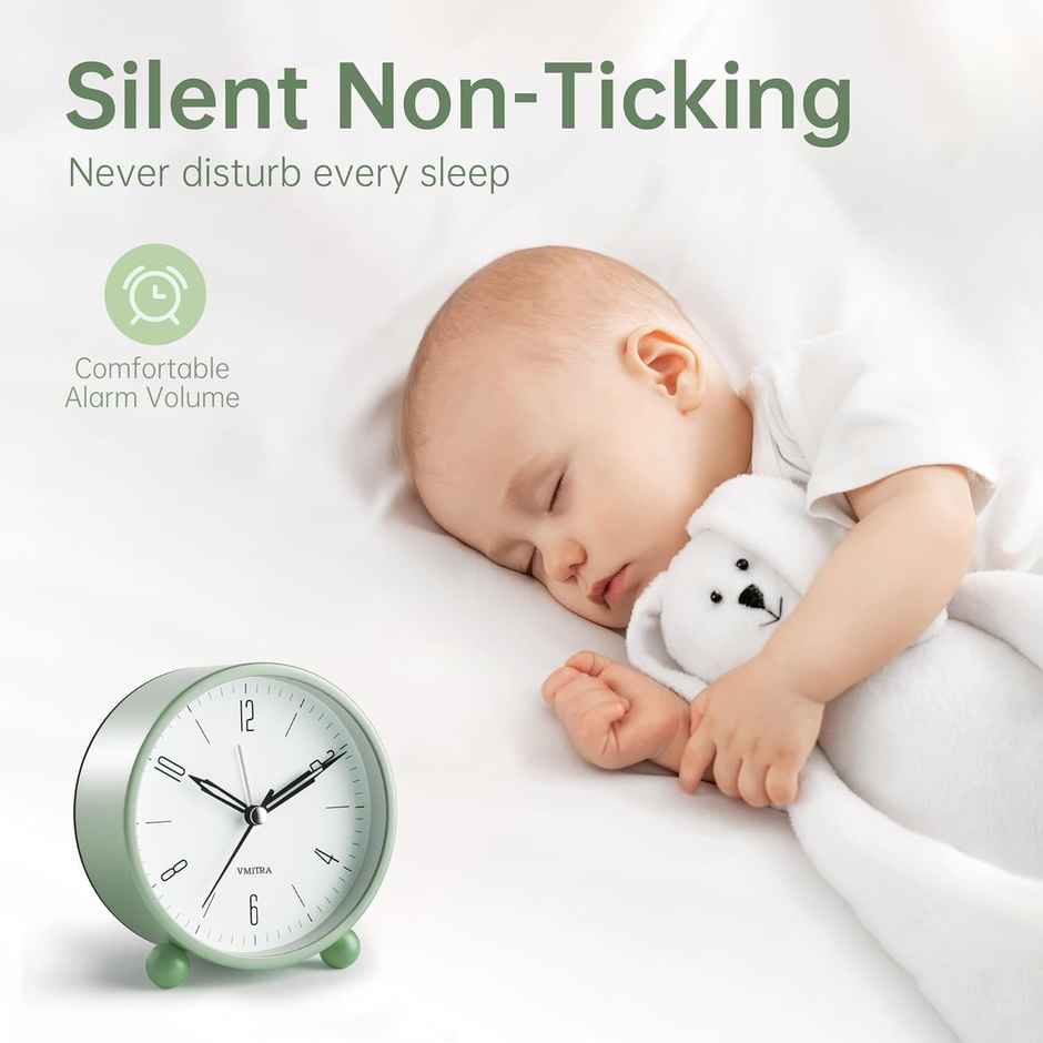 Perpetual Plastic Analog Alarm Clock | Super Silent Non Ticking Small Clock | Light Green - 4 in