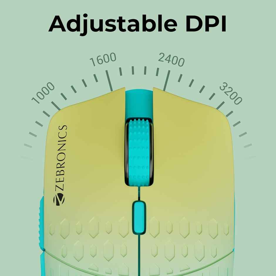 Zebronics Marine Wireless Mouse with Rechargeable Battery, BT + 2.4GHz, 6 Buttons, 4 DPI, 1000/1600/2400/3200, Comfortable & Ergonomic Design, Multicolor LED Lights - Green
