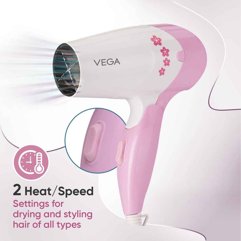 Vega Insta Glam Foldable 1000 Watts Hair Dryer with 2 Heat/Speed Settings, VHDH-20, (Made in India)