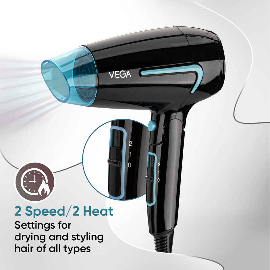 Vega U Style 1400-1600W Foldable Hair Dryer with Cool Shot Button, 2 Speed/Heat Settings, (VHDH-24), With 16 A Plug